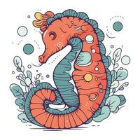 Hand drawn sea horse. Vector illustration in doodle style.