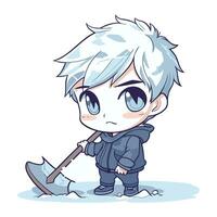 Cute little boy with a shovel in the snow. Vector illustration.