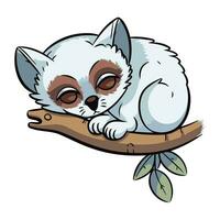 Cute cartoon lemur sleeping on a tree branch. Vector illustration.