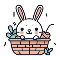 Cute rabbit in a basket. Vector illustration in a flat style.