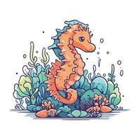 Sea horse in the ocean. Vector illustration in doodle style.