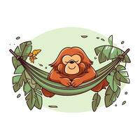 Vector illustration of a cute cartoon orangutan sitting in hammock and smiling.