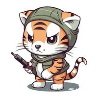 Cartoon tiger in a military uniform with a gun. Vector illustration