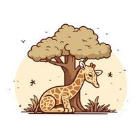 Giraffe sitting on a tree. Vector illustration in cartoon style.