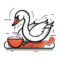 Swan with bowl of rice. Linear style. Vector illustration.