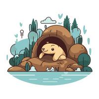 Cute cartoon otter in a cave on the river. Vector illustration.