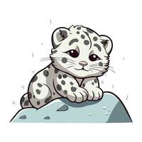 Cute snow leopard sitting on the rock. Vector illustration.