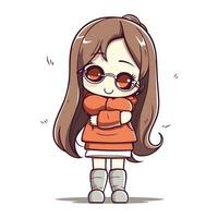 Cute little girl in red sweater and sunglasses. Vector illustration.