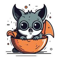 Vector illustration of cute little baby bat in a bowl isolated on white background.