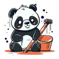 Panda with a toothbrush and a bucket. Vector illustration.