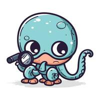 Octopus cartoon character with magnifying glass. Colorful vector illustration.