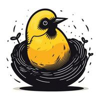 Illustration of a yellow bird in a nest. Vector illustration.