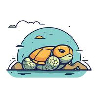 Turtle on the seashore. Vector illustration in cartoon style.