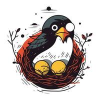 Cute bird sitting in a nest with eggs. Vector illustration.