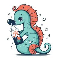 Cartoon seahorse with a bottle of wine. Vector illustration.