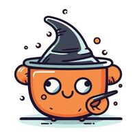 Cute Halloween vector illustration. Cute cartoon pumpkin character in a witch hat.