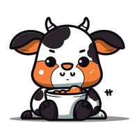 Cute cartoon cow eating a bowl of milk. Vector illustration.