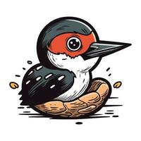 Cute cartoon woodpecker sitting on a nest. Vector illustration.