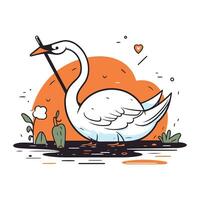 Swan in the park. Hand drawn vector illustration in cartoon style.
