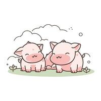 vector ilustración de dos linda cerdos en el césped. aislado en blanco antecedentes.