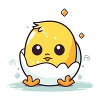 Cute little yellow chicken in eggshell. Vector cartoon character illustration.