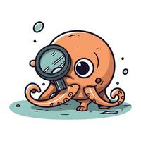 Octopus with magnifying glass. Vector illustration in cartoon style.