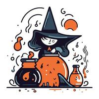 Cute little witch with a magic potion. Vector illustration in cartoon style.