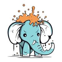 Cute cartoon elephant with splashes and drops of water. Vector illustration.