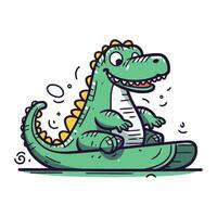 Cute cartoon crocodile sitting on a surfboard. Vector illustration.