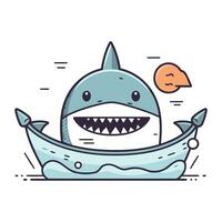 Cute cartoon shark in boat. Vector illustration of a funny shark.