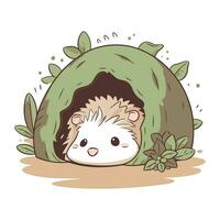 Cute hedgehog in a green igloo. Vector illustration.