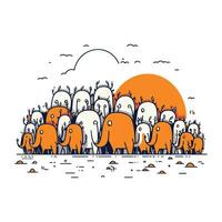 Cartoon illustration of a flock of sheep in the farm. Vector illustration