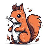 Vector illustration of a squirrel sitting on the ground with autumn leaves.