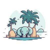 Elephant on the beach with palms. Vector illustration in cartoon style.