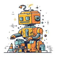 Vector illustration of robot in flat line style. Cute robot.