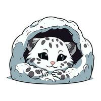 Cute cartoon snow leopard in a hood. Vector illustration.
