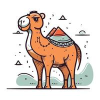 Cute camel in the desert. Vector illustration in flat style.