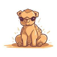 Cute cartoon dog in sunglasses sitting on the floor. Vector illustration.