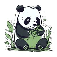 Illustration of a panda bear sitting on the ground with a bamboo vector