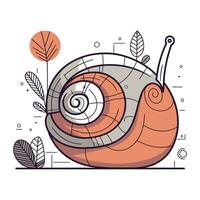 Snail and leaves. Vector illustration in linear style on white background.