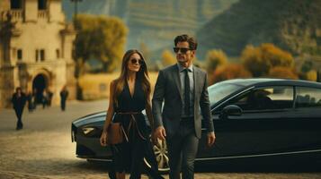 Stunning young couple walking in the Spain city near the luxury car. photo
