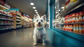 Oeste tierras altas blanco terrier perro en un tienda de comestibles almacenar. foto