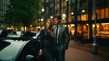 Young business couple standing near the car in the city at evening. photo