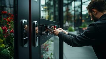 Man entering password code on the smart digital touch screen keypad entry door in front of a modern building. photo