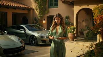 Beautiful young woman in green dress standing near her luxury car on yard of her mansion. photo