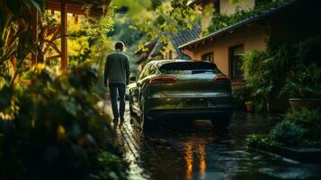 Man in a rainy street near house with his luxury green eco electric car. photo