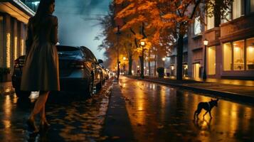 Woman walking on a wet street at night with small brown chihuahua dog in the background. photo