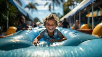chico teniendo divertido en azul un inflable piscina en un soleado día a verano patio. foto