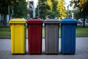 Colored garbage cans for sorting garbage. Generative AI photo