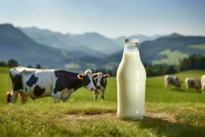 Bottle of milk against green meadow with grazing cows. Generative AI photo